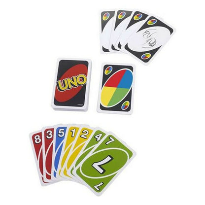 Mattel UNO card game for children, colorful playing cards spread out on a table, fun family game for kids and adults.