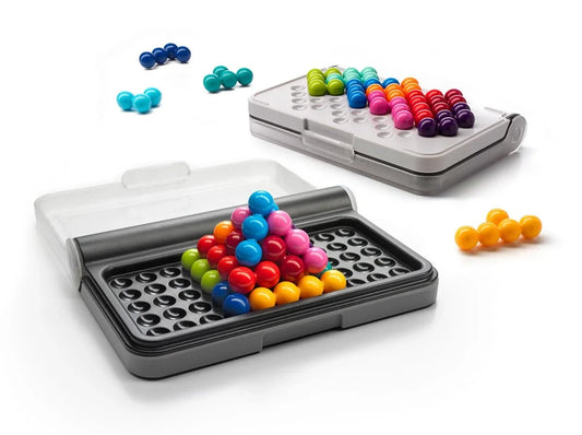 Smart Games IQ Puzzler Pro puzzle game featuring colorful, interlocking pieces on a white background.