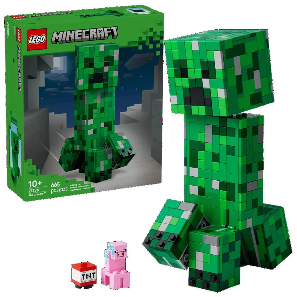 Lego Minecraft Creeper toy with green brick design, detailed facial features, and blocky construction, suitable for kids and collectors.