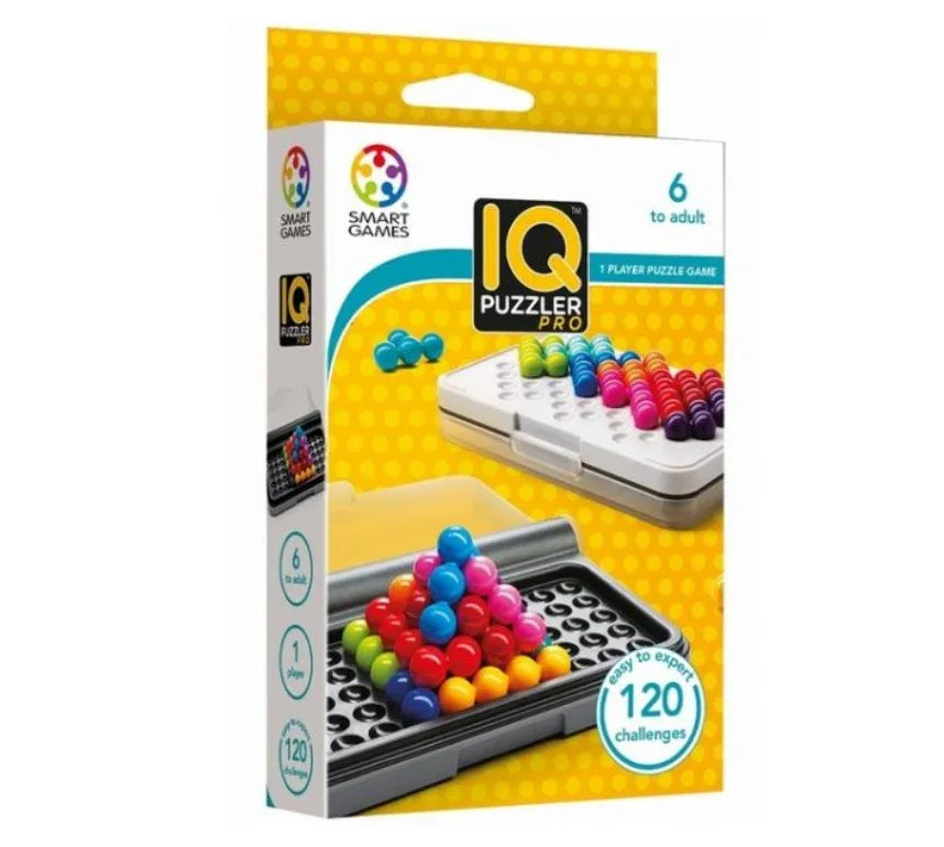 Smart Games IQ Puzzler Pro Baba-mama puzzle game with colorful pieces and game board for logical thinking and problem-solving.
